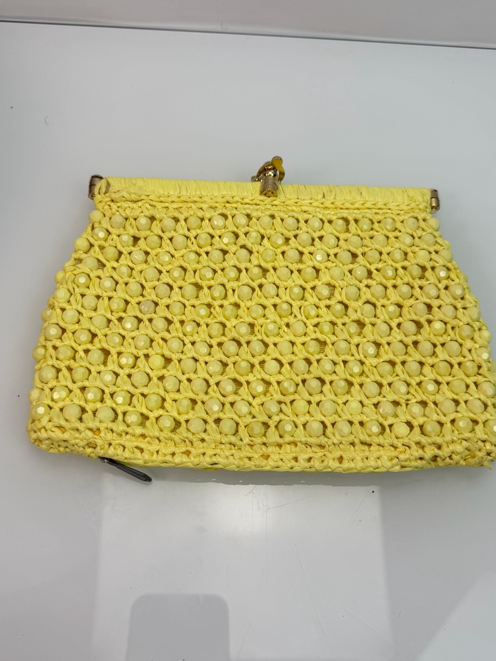 Vintage Mantessa Yellow Raffia Beaded Clutch Purse Made in Italy 1960s